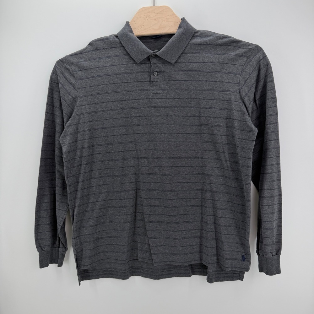 Polo Ralph‎ Lauren Long Sleeve Polo Mens L Grey Striped Preppy Classic Logo VTG